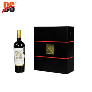 DS High Quality Matt Black Inlaid Red PU Leather Double Slanted Door Wine Packing Wooden Box